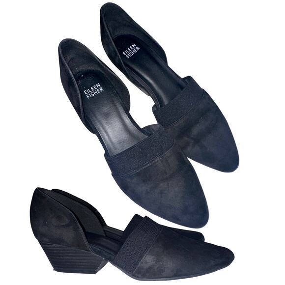 Eileen Fisher Hilly Suede d’Orsay Pump Wedge Heel Women’s 8 Black Dress Shoe - Picture 1 of 9